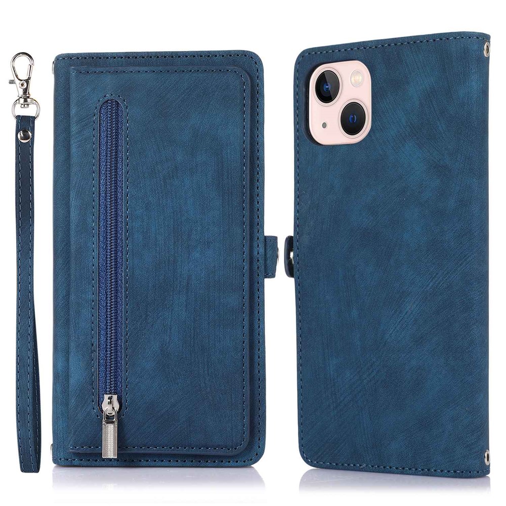 For iPhone 15 Case Zipper Pocket 9 Card Slots PU Leather Phone Cover with Wrist Strap - Blue