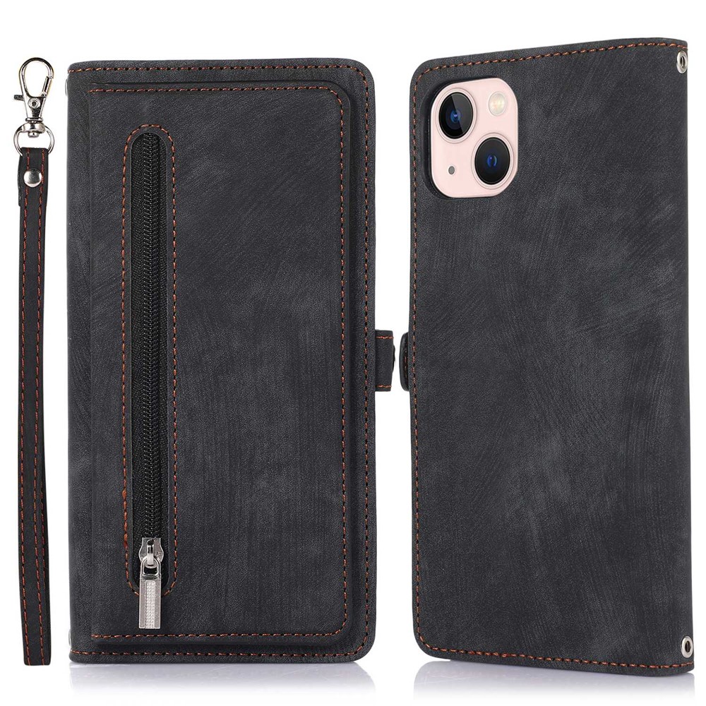 For iPhone 15 Case Zipper Pocket 9 Card Slots PU Leather Phone Cover with Wrist Strap - Black