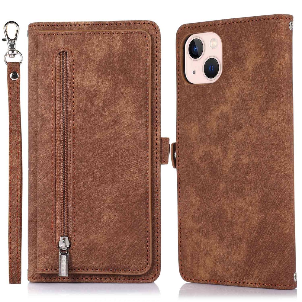 For iPhone 15 Case Zipper Pocket 9 Card Slots PU Leather Phone Cover with Wrist Strap - Brown
