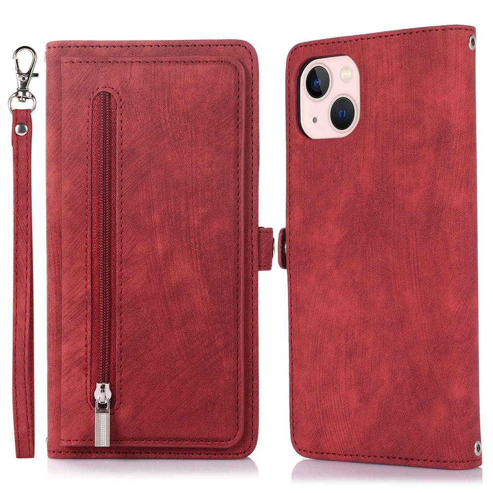 For iPhone 15 Case Zipper Pocket 9 Card Slots PU Leather Phone Cover with Wrist Strap - Red