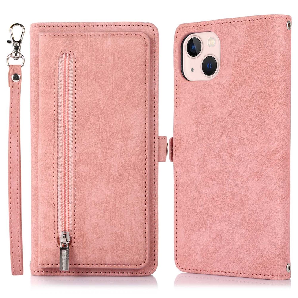 For iPhone 15 Case Zipper Pocket 9 Card Slots PU Leather Phone Cover with Wrist Strap - Rose Gold