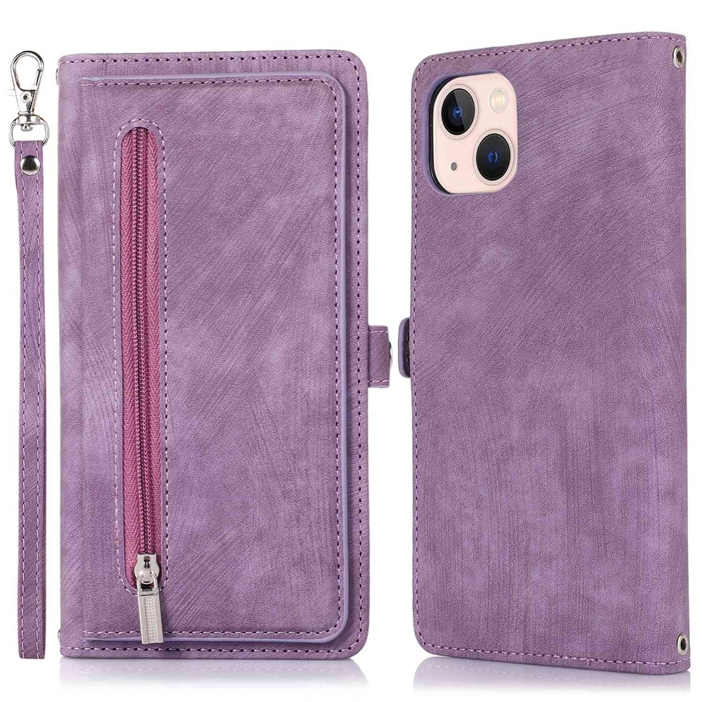 For iPhone 15 Case Zipper Pocket 9 Card Slots PU Leather Phone Cover with Wrist Strap - Purple