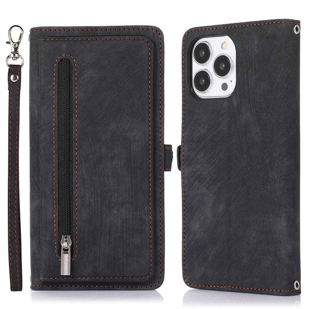 For iPhone 15 Pro Max Case Zipper Pocket 9 Card Slots PU Leather Phone Cover with Wrist Strap - Black