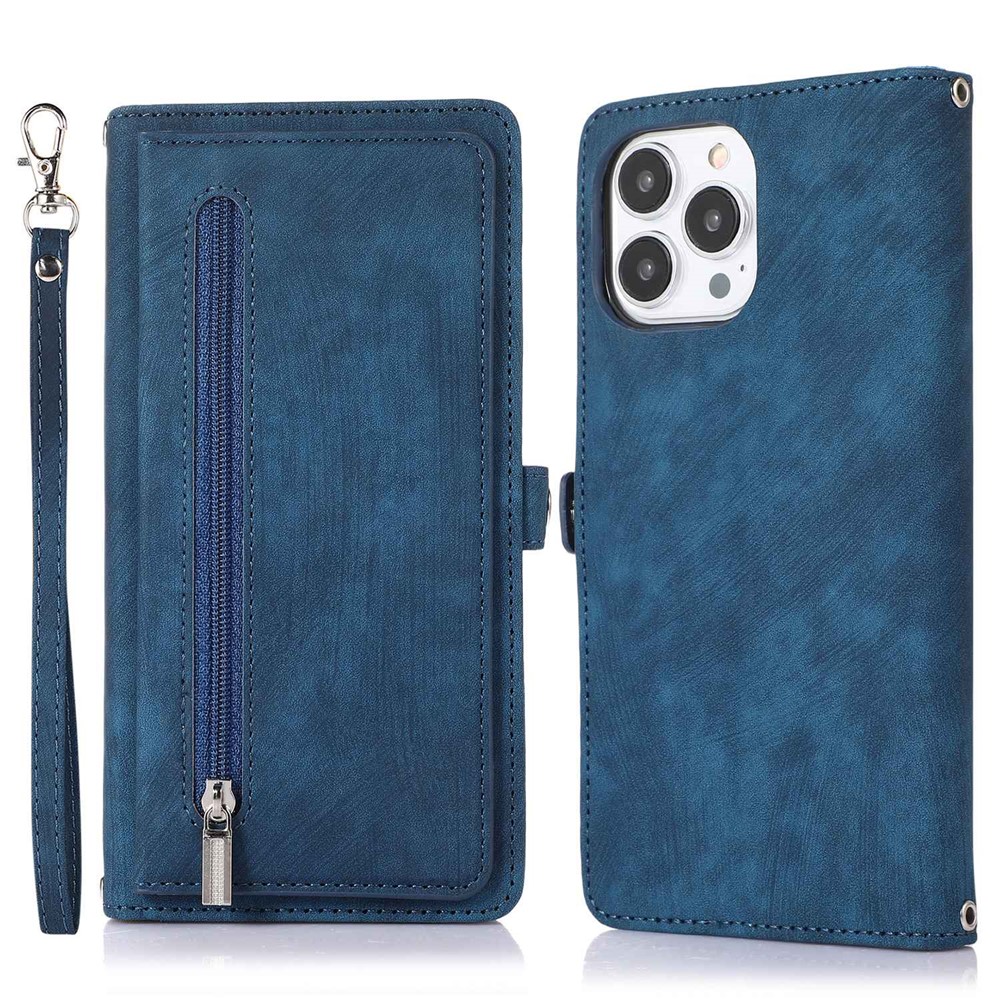 For iPhone 15 Pro Max Case Zipper Pocket 9 Card Slots PU Leather Phone Cover with Wrist Strap - Blue