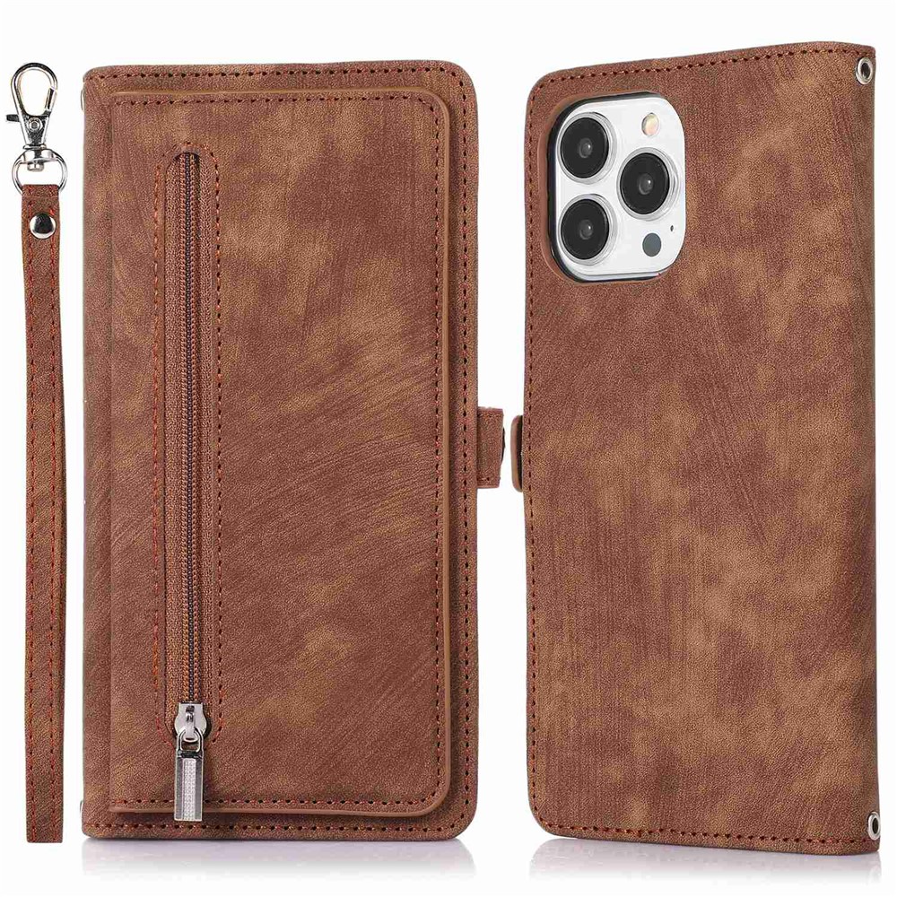 For iPhone 15 Pro Max Case Zipper Pocket 9 Card Slots PU Leather Phone Cover with Wrist Strap - Brown