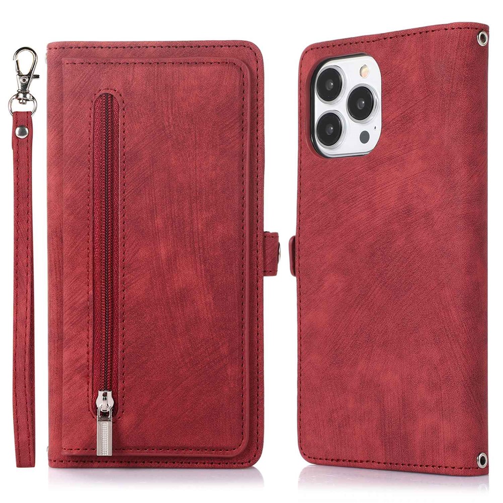 For iPhone 15 Pro Case Zipper Pocket 9 Card Slots PU Leather Phone Cover with Wrist Strap - Red