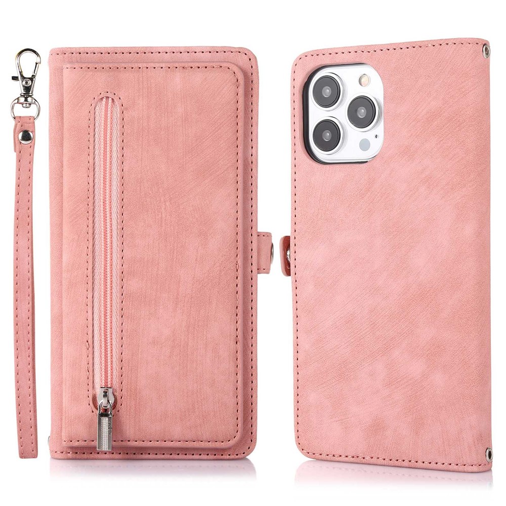 For iPhone 15 Pro Case Zipper Pocket 9 Card Slots PU Leather Phone Cover with Wrist Strap - Rose Gold