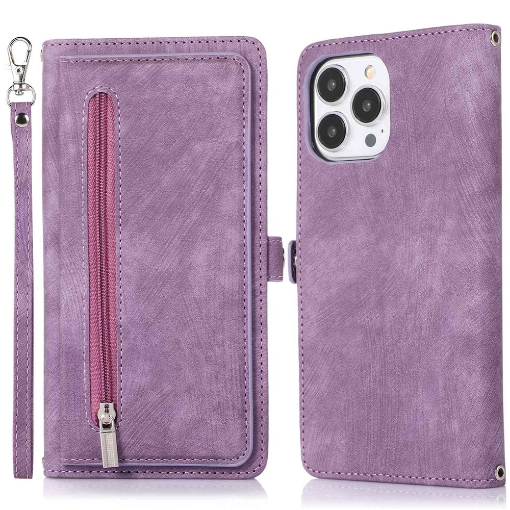 For iPhone 15 Pro Case Zipper Pocket 9 Card Slots PU Leather Phone Cover with Wrist Strap - Purple