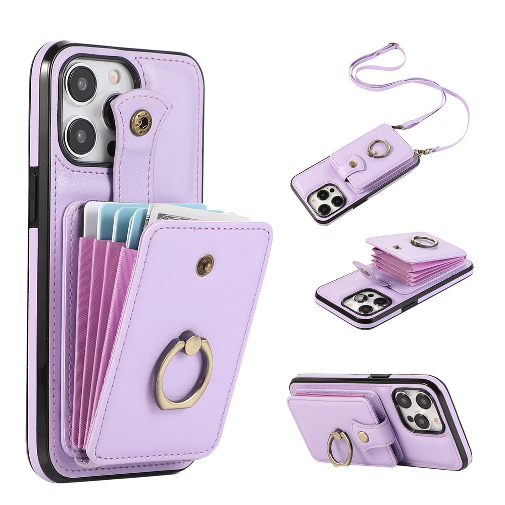 For iPhone 15 Pro Max Case Card Holder Ring Kickstand TPU + PU Leather Phone Cover with Long Strap - Purple
