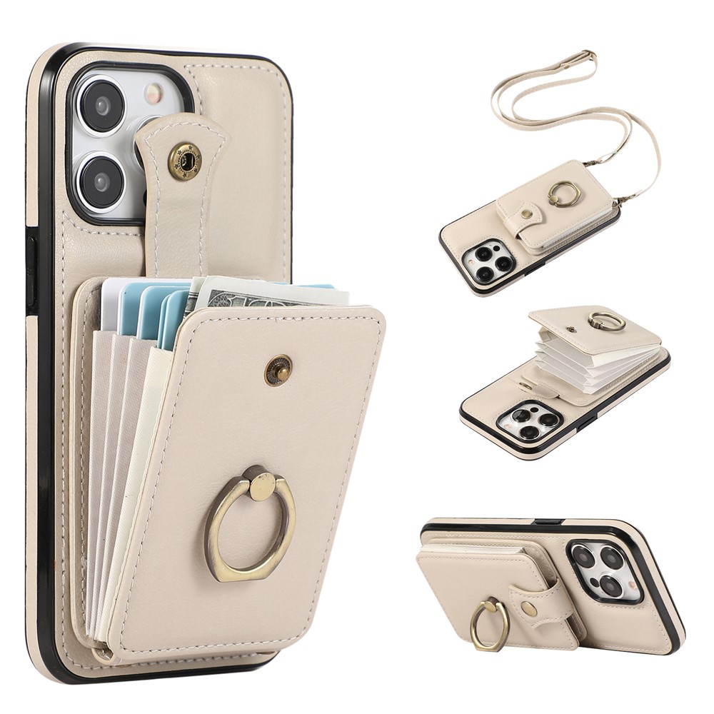 For iPhone 15 Pro Max Case Card Holder Ring Kickstand TPU + PU Leather Phone Cover with Long Strap - Beige