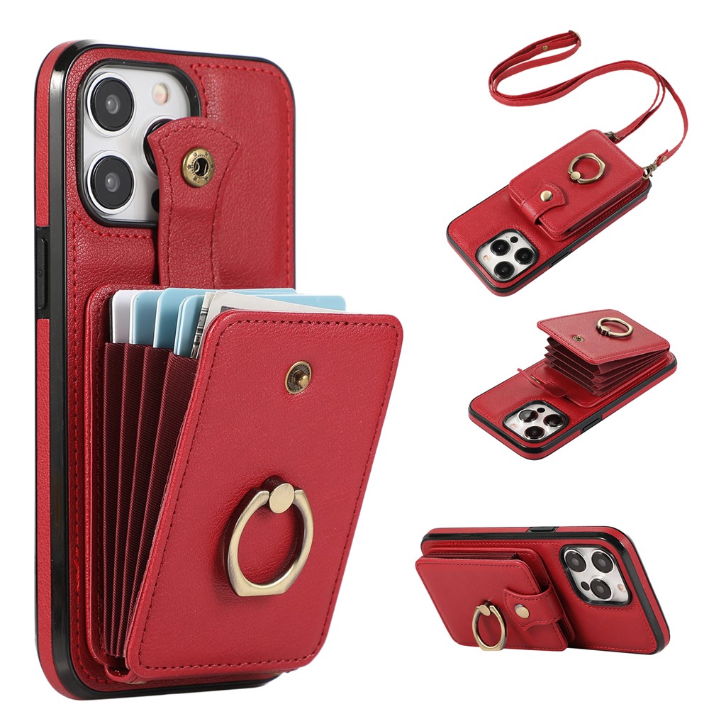 For iPhone 15 Pro Max Case Card Holder Ring Kickstand TPU + PU Leather Phone Cover with Long Strap - Red