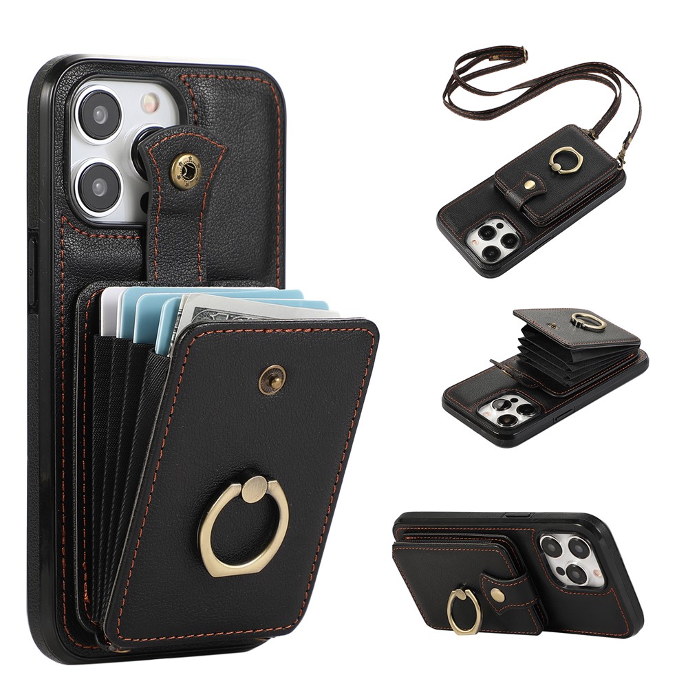 For iPhone 15 Pro Case Card Holder Ring Kickstand TPU + PU Leather Phone Cover with Long Strap - Black