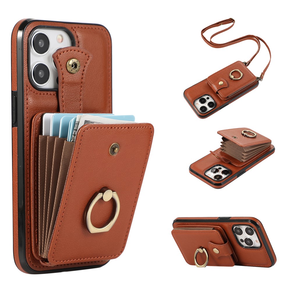 For iPhone 15 Pro Case Card Holder Ring Kickstand TPU + PU Leather Phone Cover with Long Strap - Brown