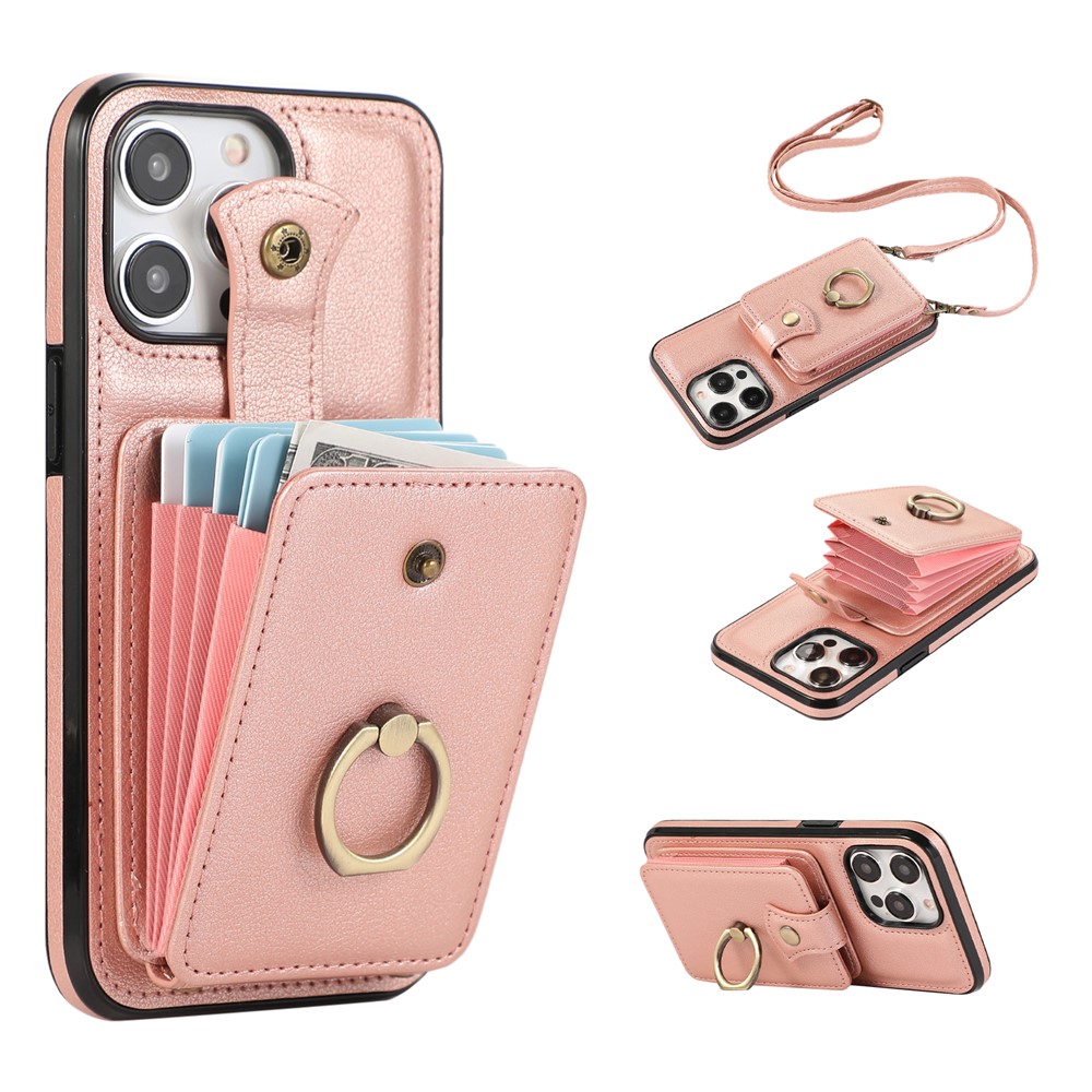 For iPhone 15 Pro Case Card Holder Ring Kickstand TPU + PU Leather Phone Cover with Long Strap - Rose Gold