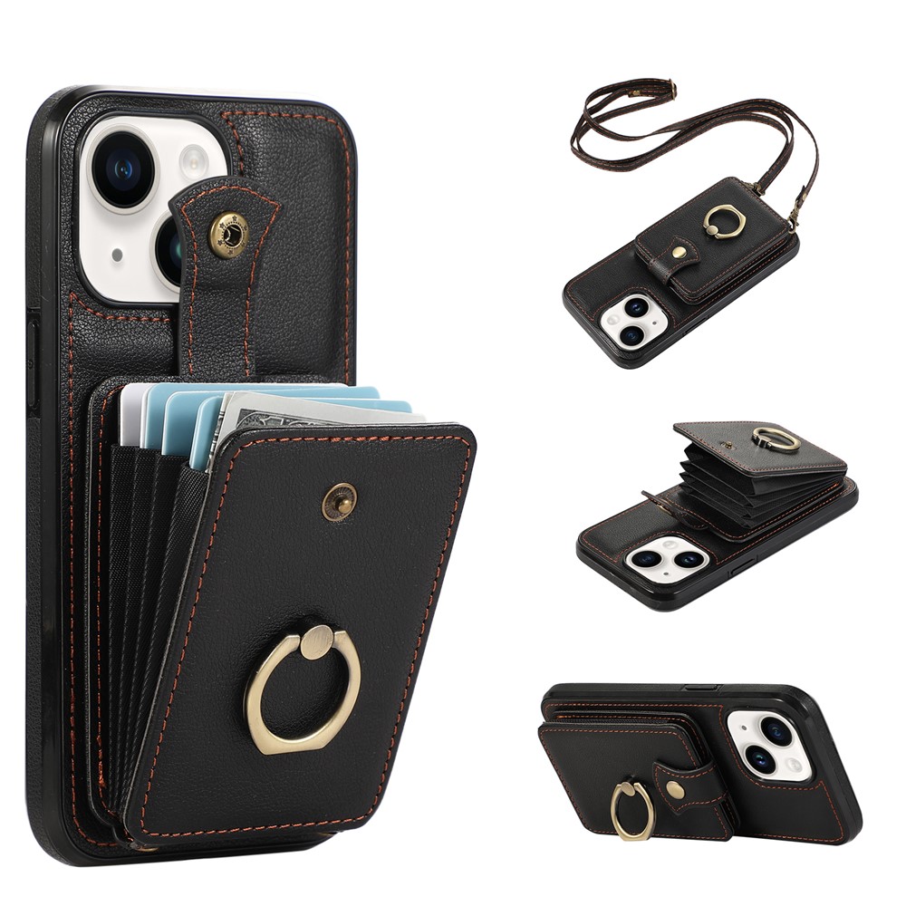 For iPhone 15 Case Card Holder Ring Kickstand TPU + PU Leather Phone Cover with Long Strap - Black