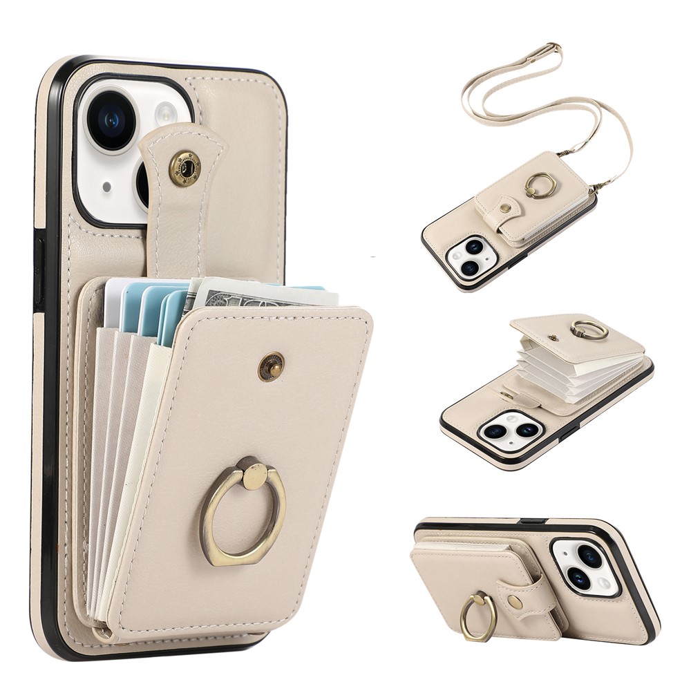 For iPhone 15 Case Card Holder Ring Kickstand TPU + PU Leather Phone Cover with Long Strap - Beige