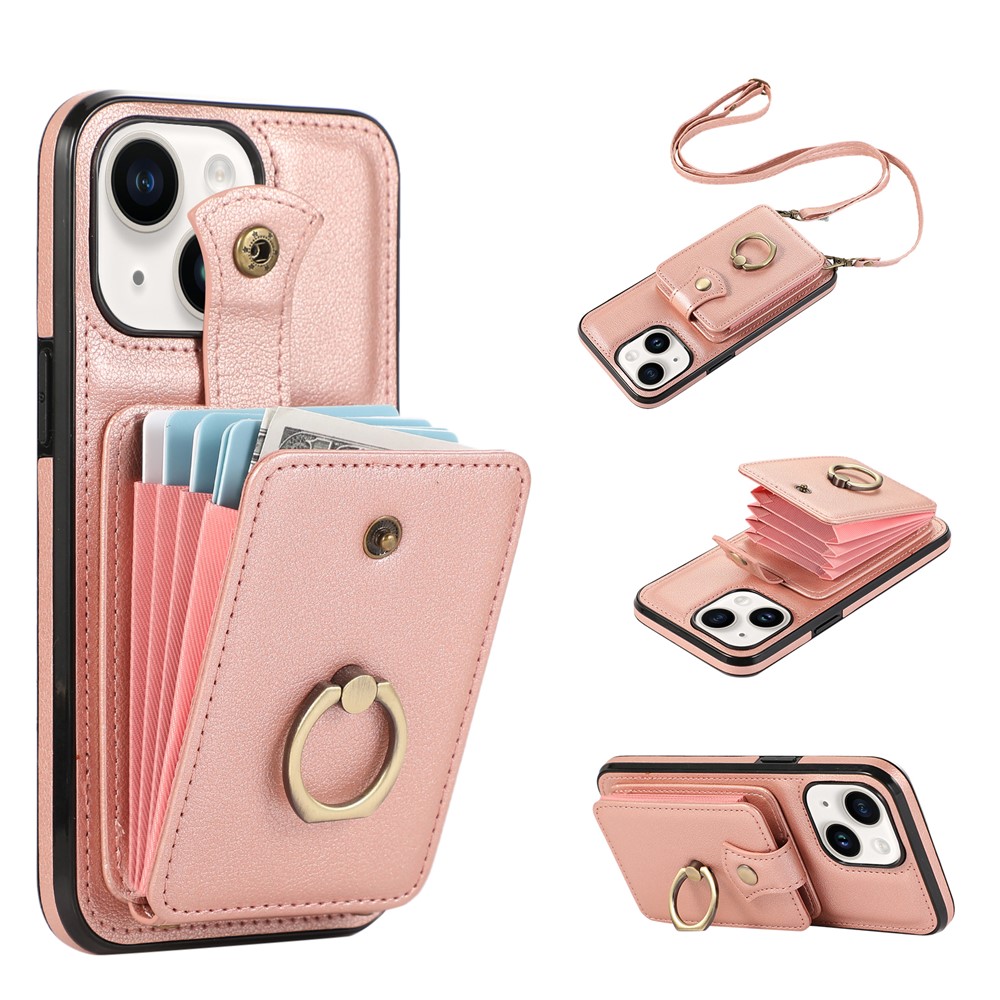 For iPhone 15 Case Card Holder Ring Kickstand TPU + PU Leather Phone Cover with Long Strap - Rose Gold