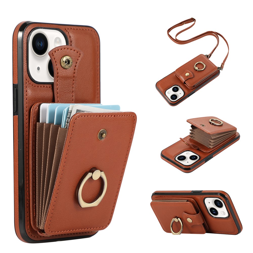 For iPhone 15 Case Card Holder Ring Kickstand TPU + PU Leather Phone Cover with Long Strap - Brown