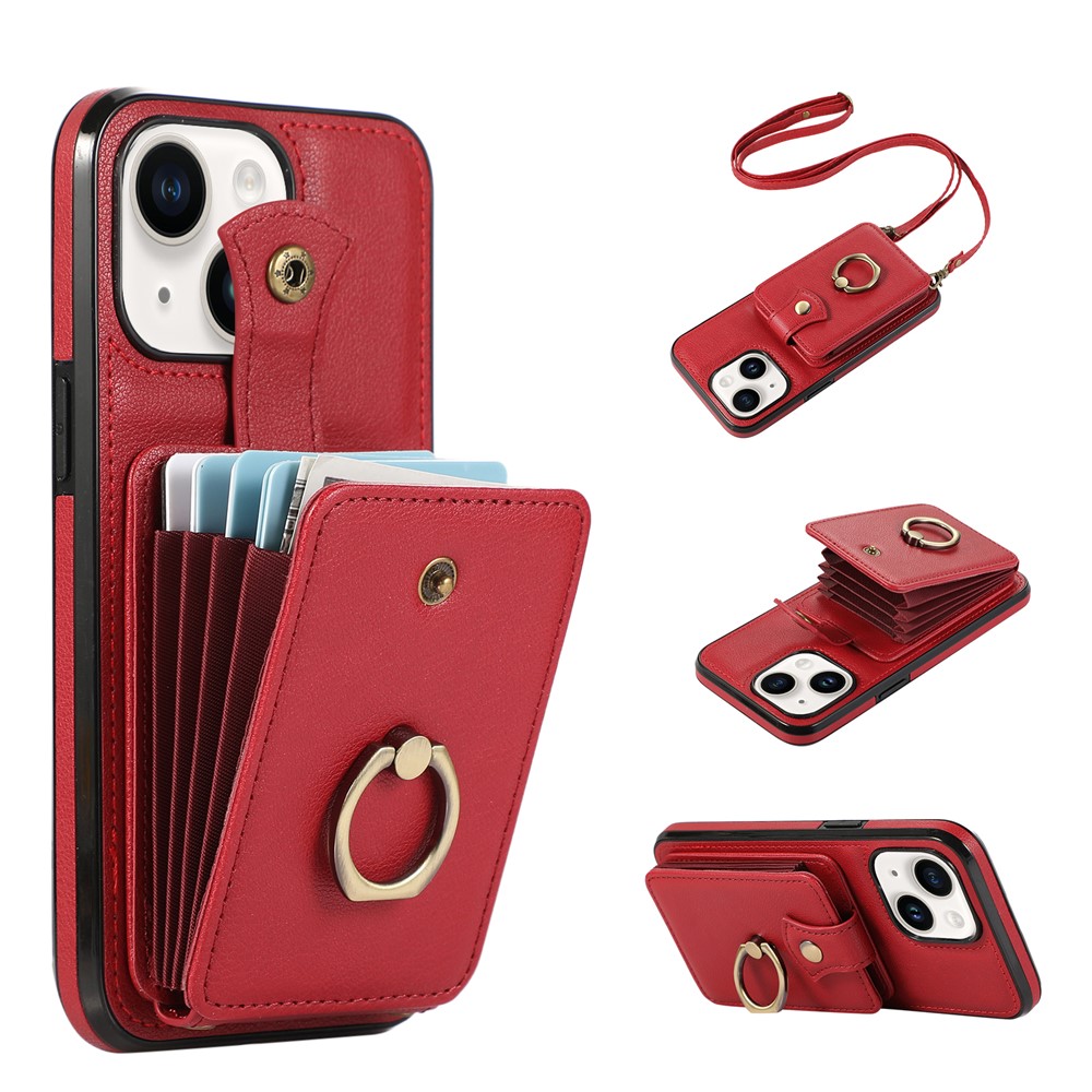 For iPhone 15 Case Card Holder Ring Kickstand TPU + PU Leather Phone Cover with Long Strap - Red