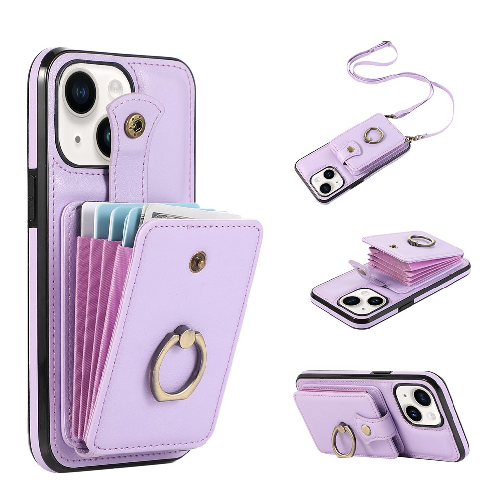 For iPhone 15 Case Card Holder Ring Kickstand TPU + PU Leather Phone Cover with Long Strap - Purple