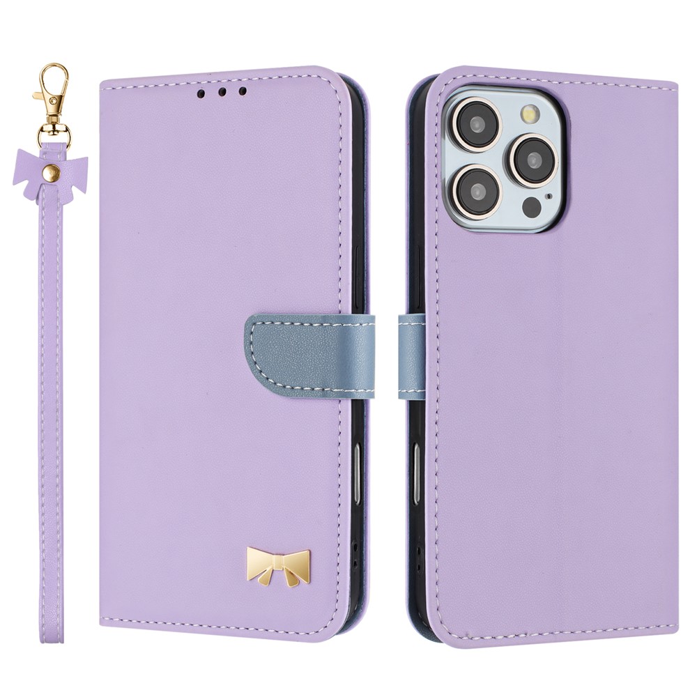 For iPhone 16 Pro Max Case Bowknot Decor Wallet Leather Phone Cover with Wrist Strap - Purple