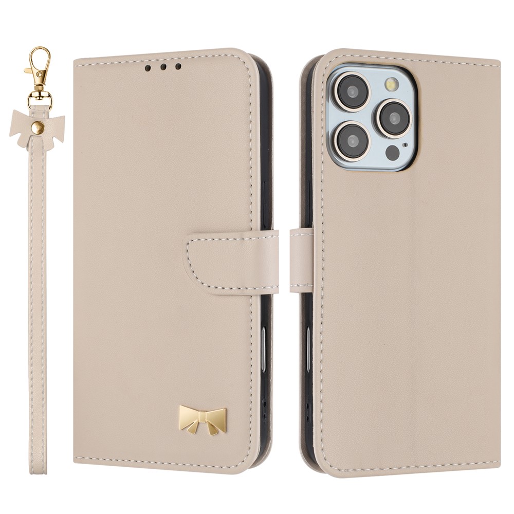 For iPhone 16 Pro Max Case Bowknot Decor Wallet Leather Phone Cover with Wrist Strap - Khaki
