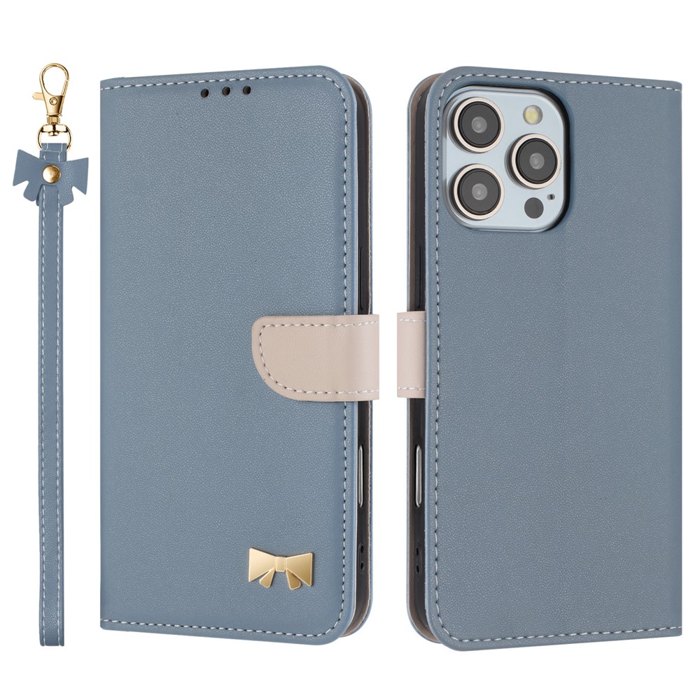 For iPhone 16 Pro Max Case Bowknot Decor Wallet Leather Phone Cover with Wrist Strap - Baby Blue