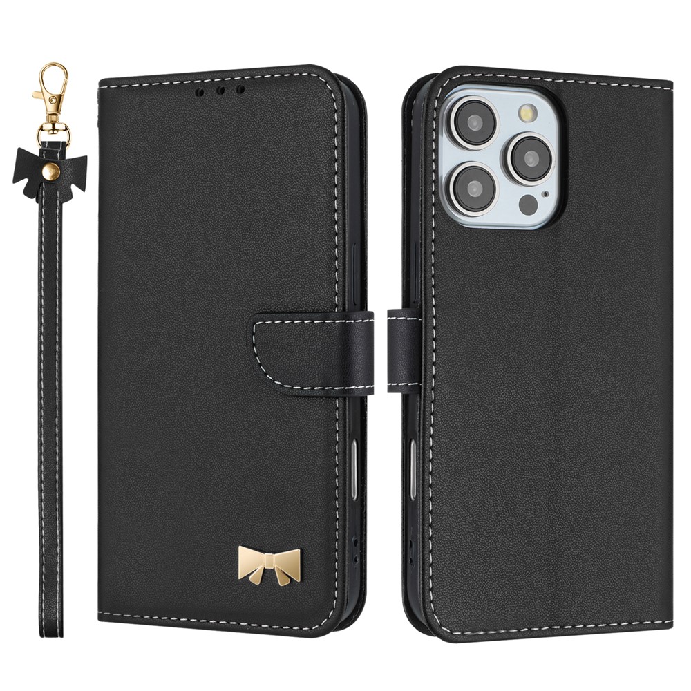 For iPhone 16 Pro Max Case Bowknot Decor Wallet Leather Phone Cover with Wrist Strap - Black