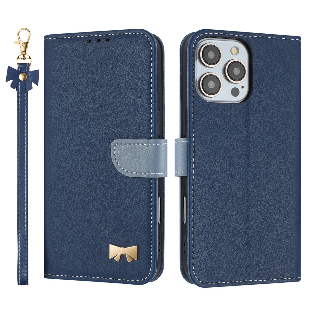 For iPhone 16 Pro Max Case Bowknot Decor Wallet Leather Phone Cover with Wrist Strap - Dark Blue