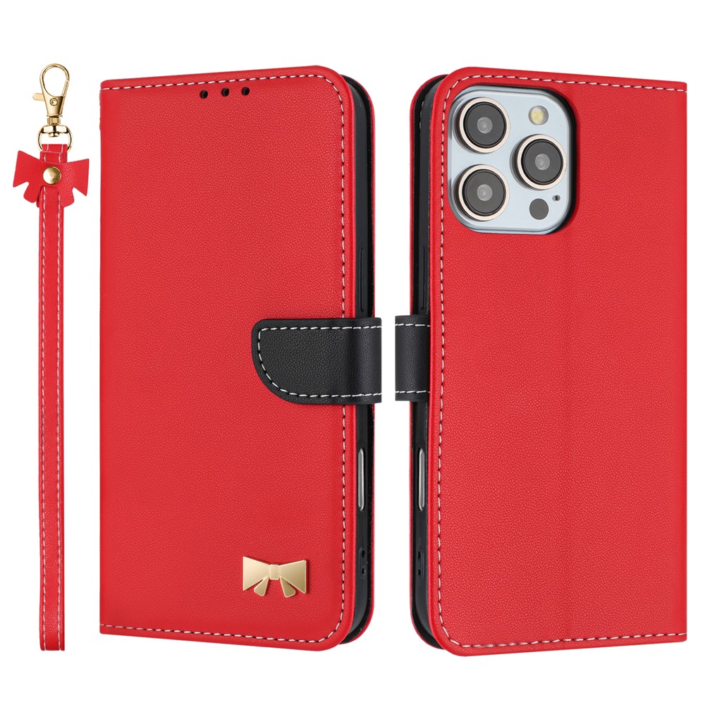 For iPhone 16 Pro Max Case Bowknot Decor Wallet Leather Phone Cover with Wrist Strap - Red