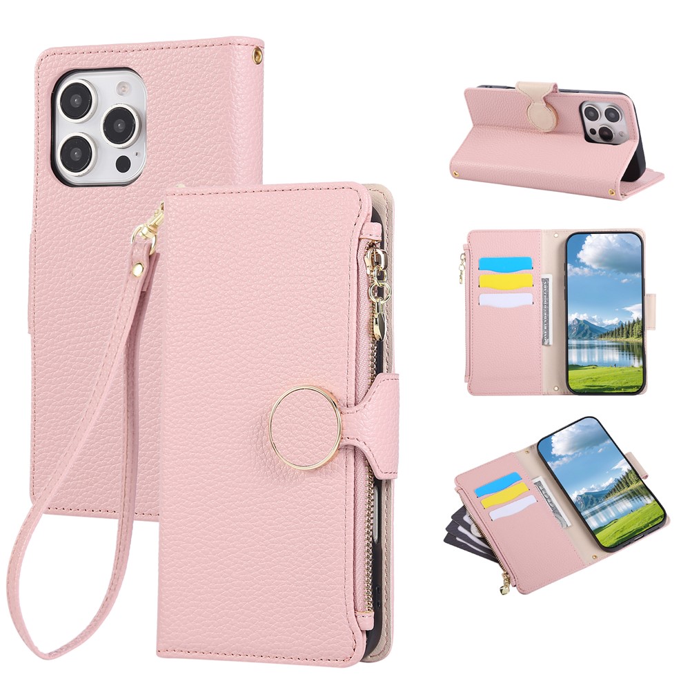 For iPhone 16 Pro Max Case Zipper Wallet Leather Phone Cover with Wrist Strap - Pink