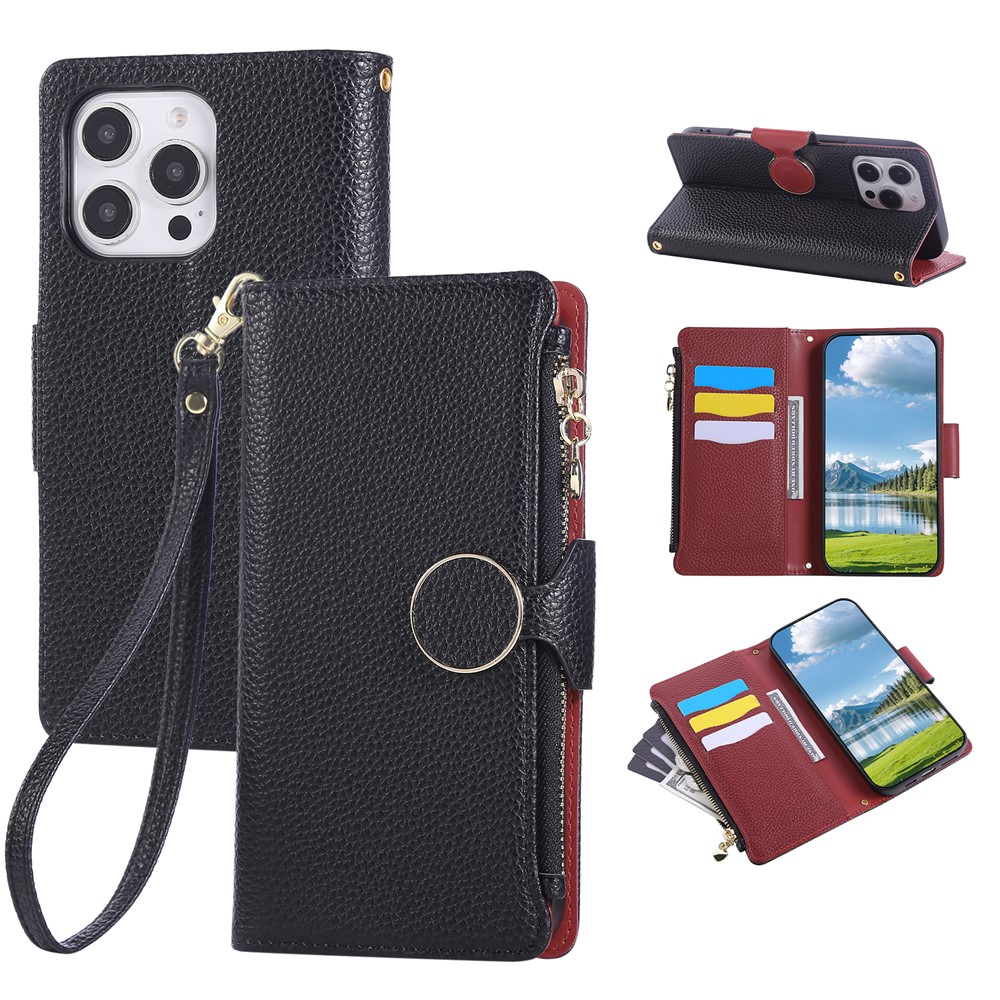 For iPhone 16 Pro Max Case Zipper Wallet Leather Phone Cover with Wrist Strap - Black