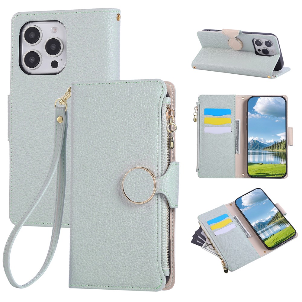 For iPhone 16 Pro Max Case Zipper Wallet Leather Phone Cover with Wrist Strap - Cyan