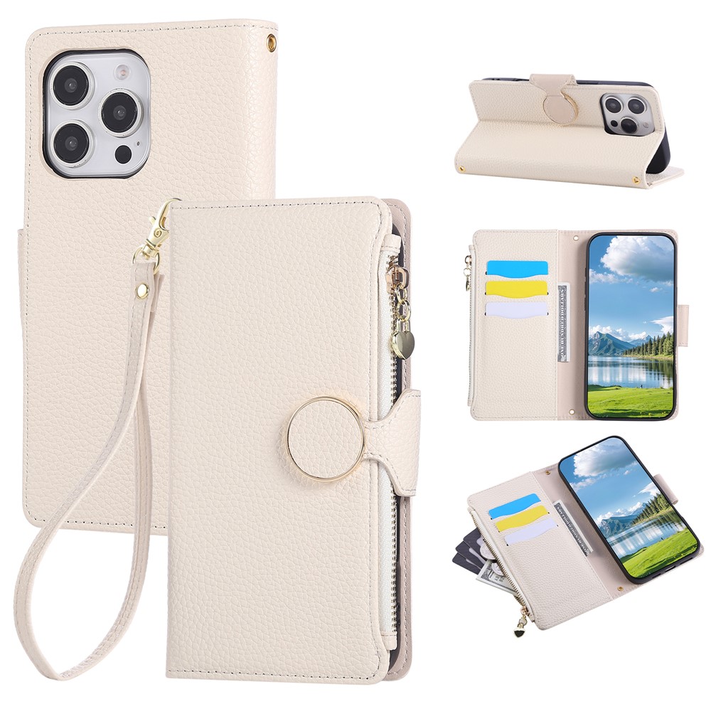 For iPhone 16 Pro Max Case Zipper Wallet Leather Phone Cover with Wrist Strap - Beige