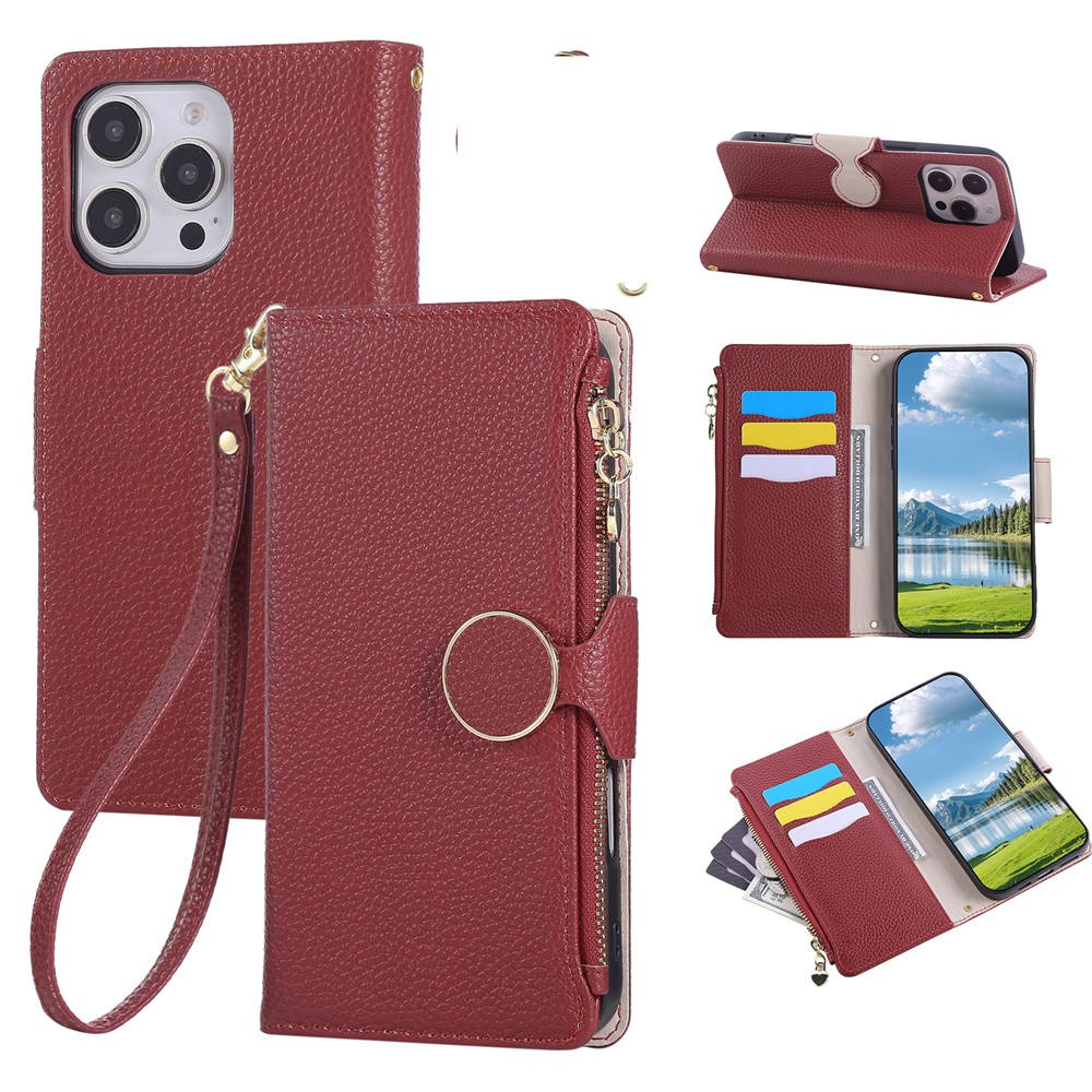 For iPhone 16 Pro Max Case Zipper Wallet Leather Phone Cover with Wrist Strap - Wine Red