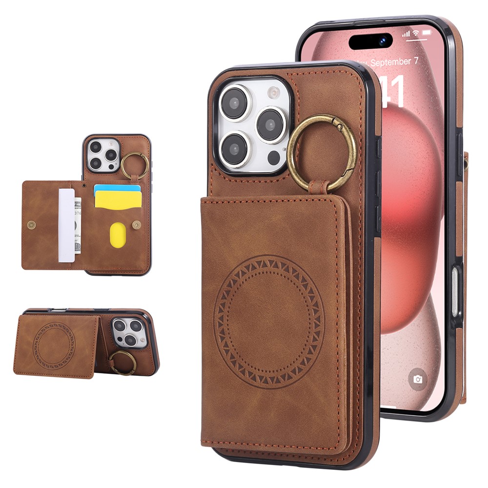 For iPhone 16 Pro Max Case Card Holder Kickstand Leather + TPU Phone Cover with Ring Holder - Brown