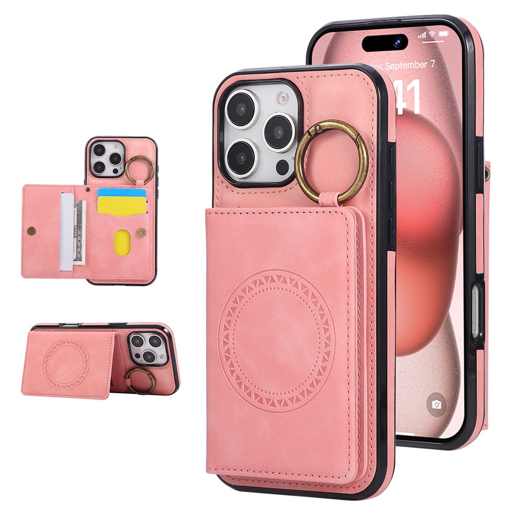 For iPhone 16 Pro Max Case Card Holder Kickstand Leather + TPU Phone Cover with Ring Holder - Rose Gold