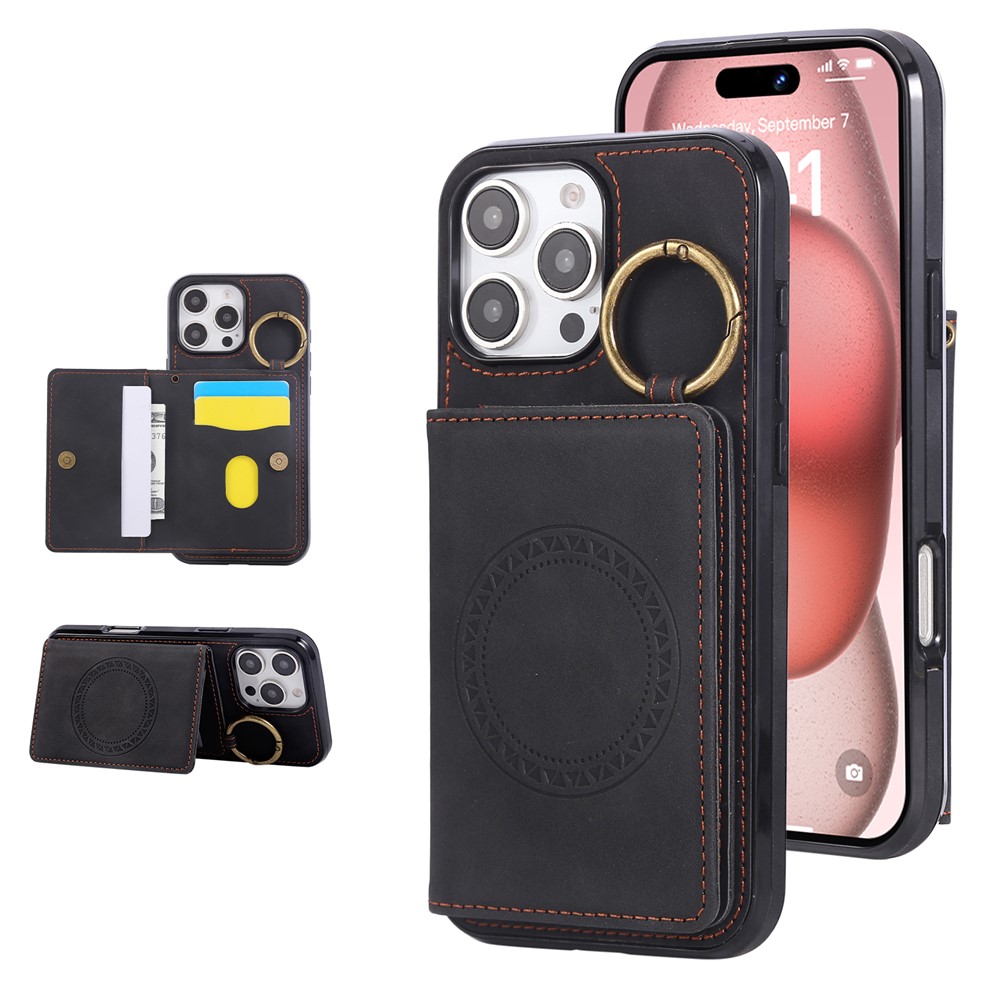 For iPhone 16 Pro Max Case Card Holder Kickstand Leather + TPU Phone Cover with Ring Holder - Black