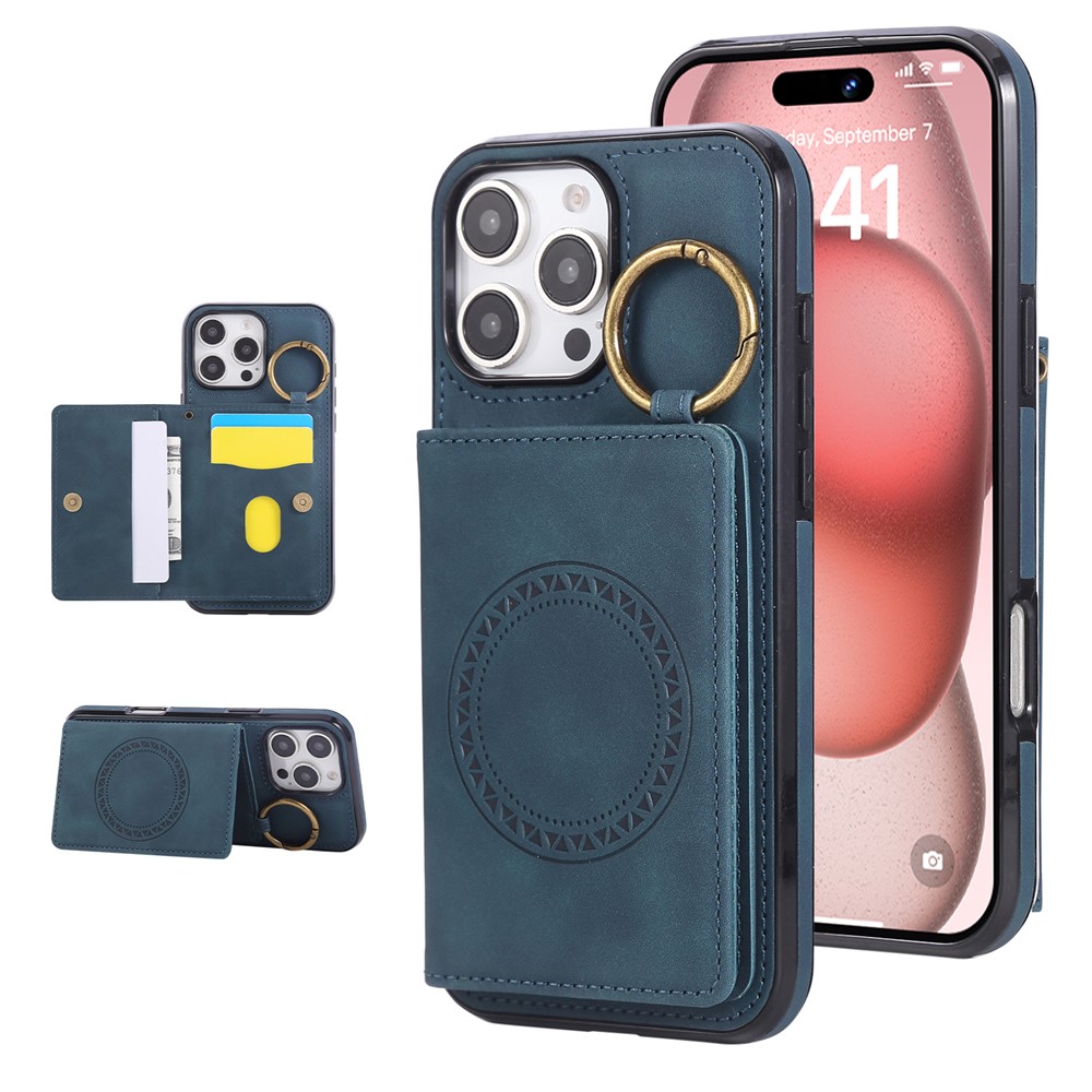 For iPhone 16 Pro Max Case Card Holder Kickstand Leather + TPU Phone Cover with Ring Holder - Blue