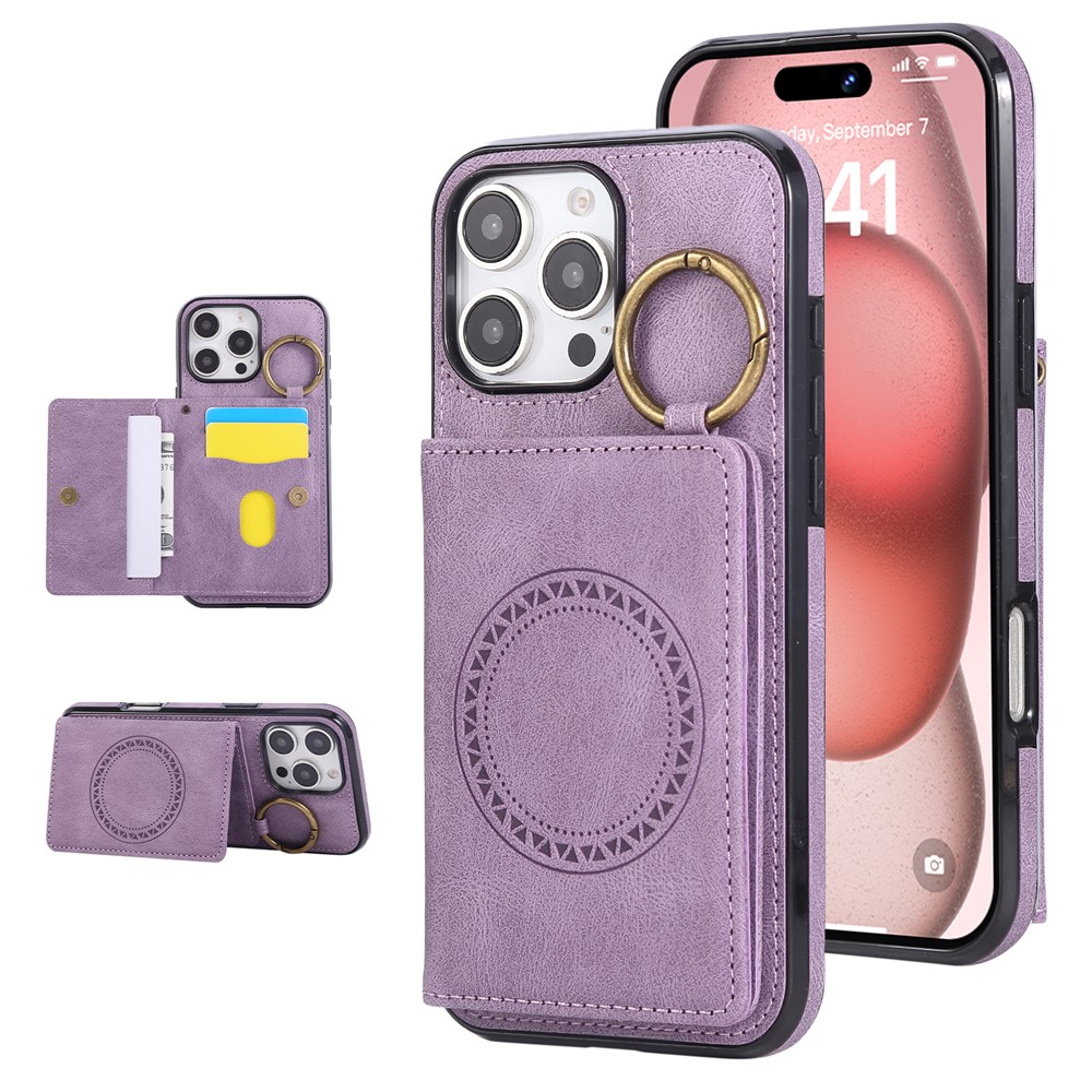 For iPhone 16 Pro Max Case Card Holder Kickstand Leather + TPU Phone Cover with Ring Holder - Purple