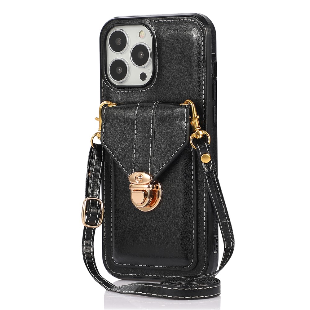 For iPhone 16 Pro Max Case Card Holder Kickstand PU Leather + TPU Phone Cover with Shoulder Strap - Black