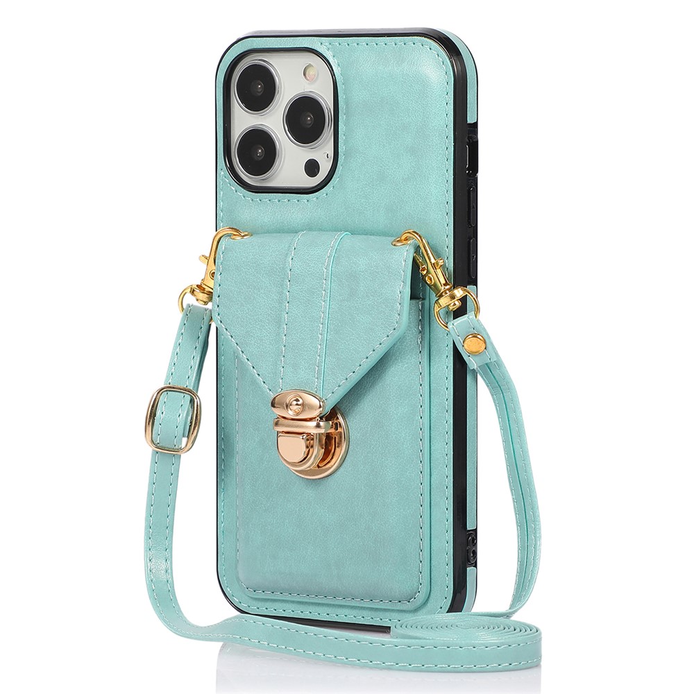 For iPhone 16 Pro Max Case Card Holder Kickstand PU Leather + TPU Phone Cover with Shoulder Strap - Green