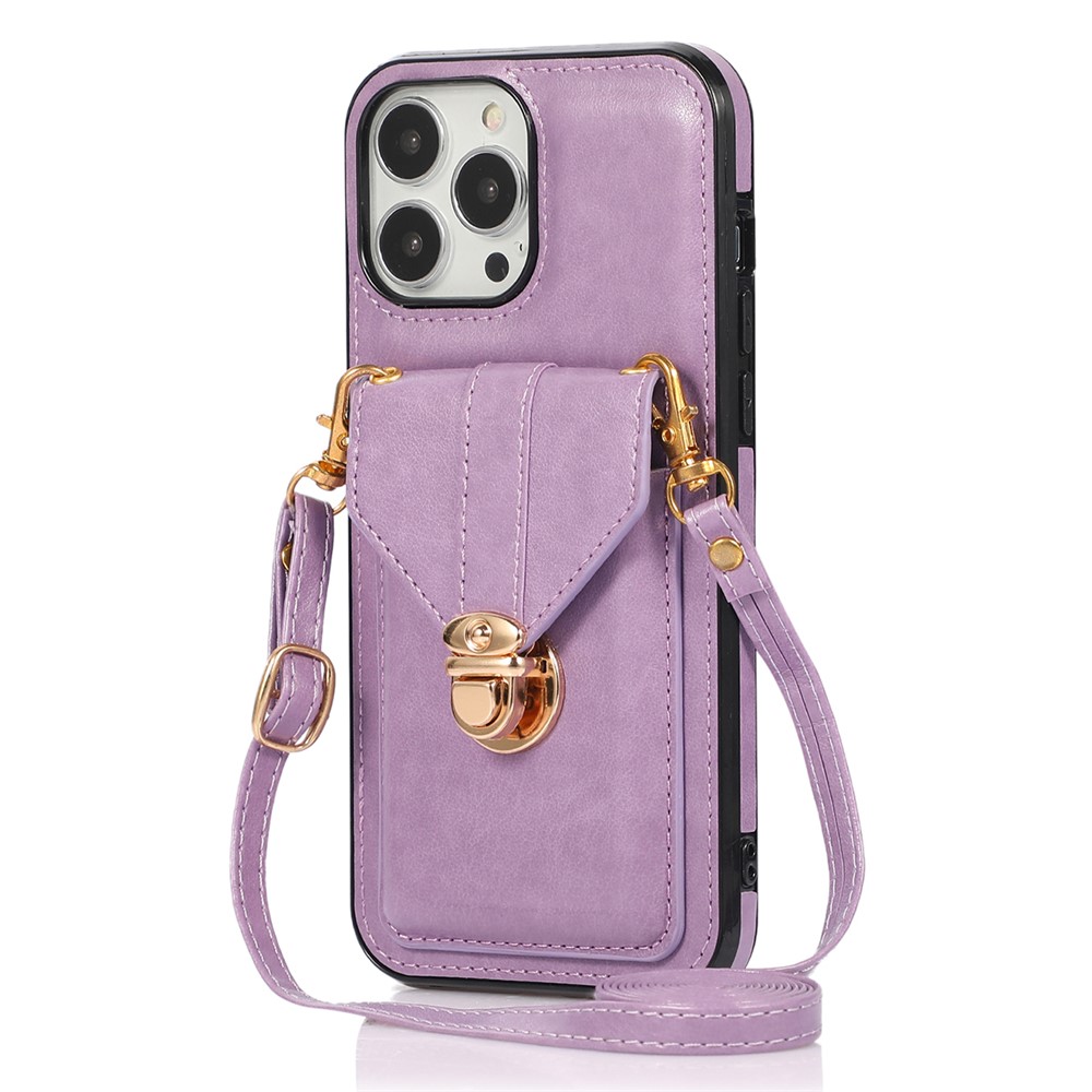 For iPhone 16 Pro Max Case Card Holder Kickstand PU Leather + TPU Phone Cover with Shoulder Strap - Purple