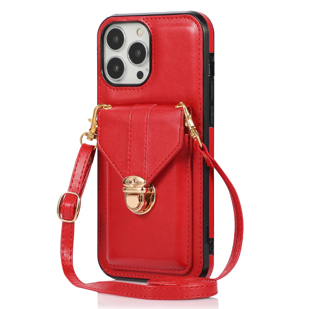 For iPhone 16 Pro Max Case Card Holder Kickstand PU Leather + TPU Phone Cover with Shoulder Strap - Red