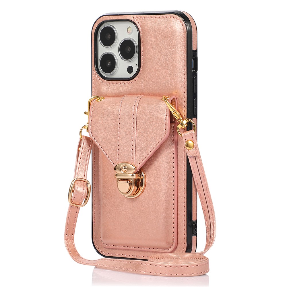 For iPhone 16 Pro Max Case Card Holder Kickstand PU Leather + TPU Phone Cover with Shoulder Strap - Rose Gold