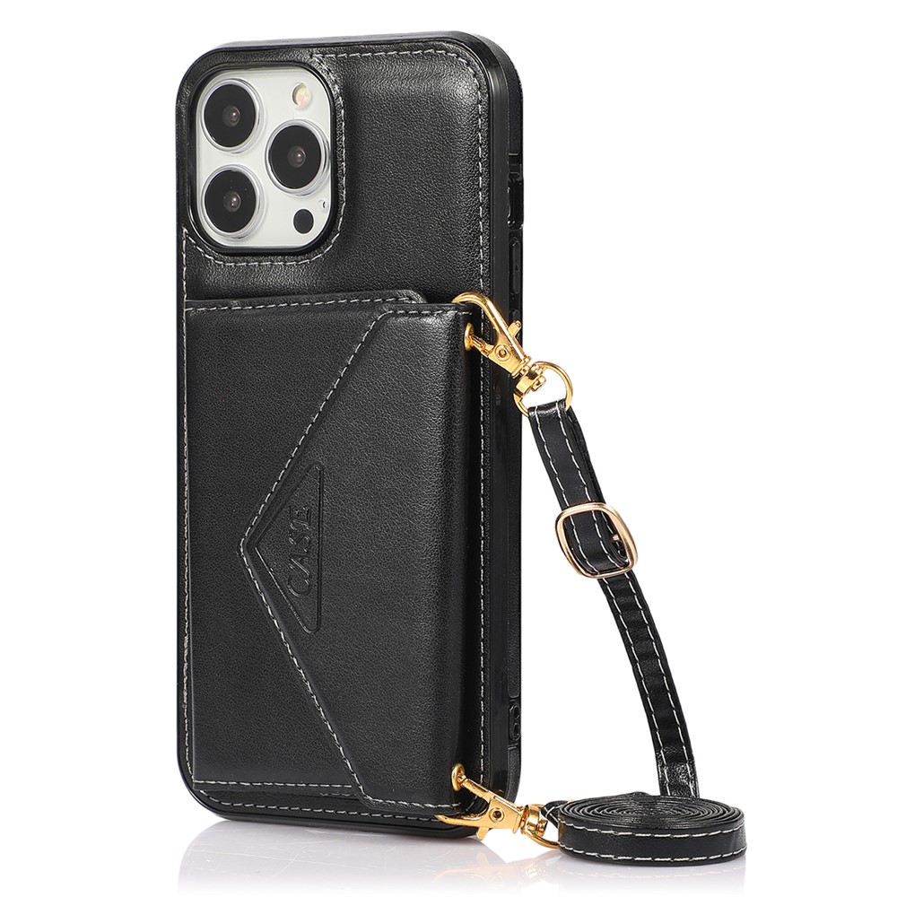 For iPhone 16 Pro Max Cell Phone Case Triangle Lid Card Bag Leather + TPU Cover with Long Strap - Black