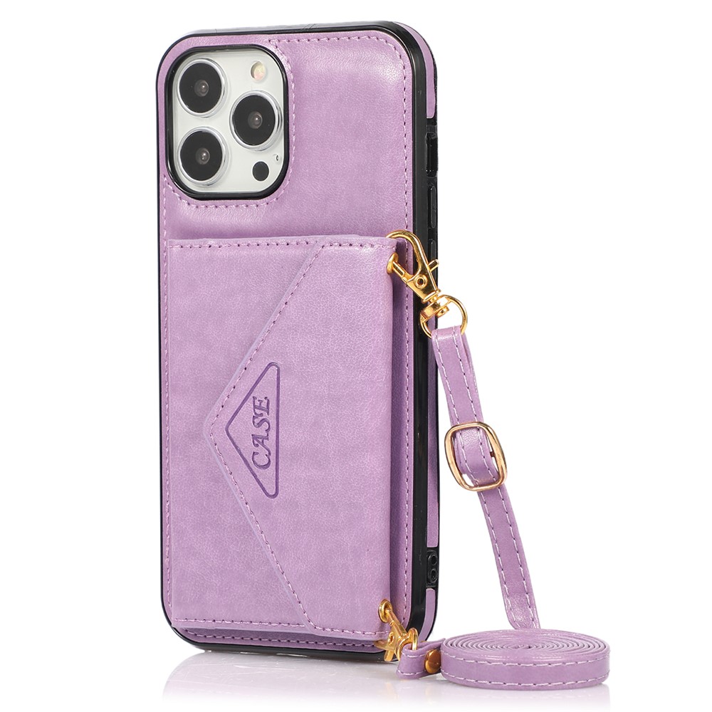 For iPhone 16 Pro Max Cell Phone Case Triangle Lid Card Bag Leather + TPU Cover with Long Strap - Purple