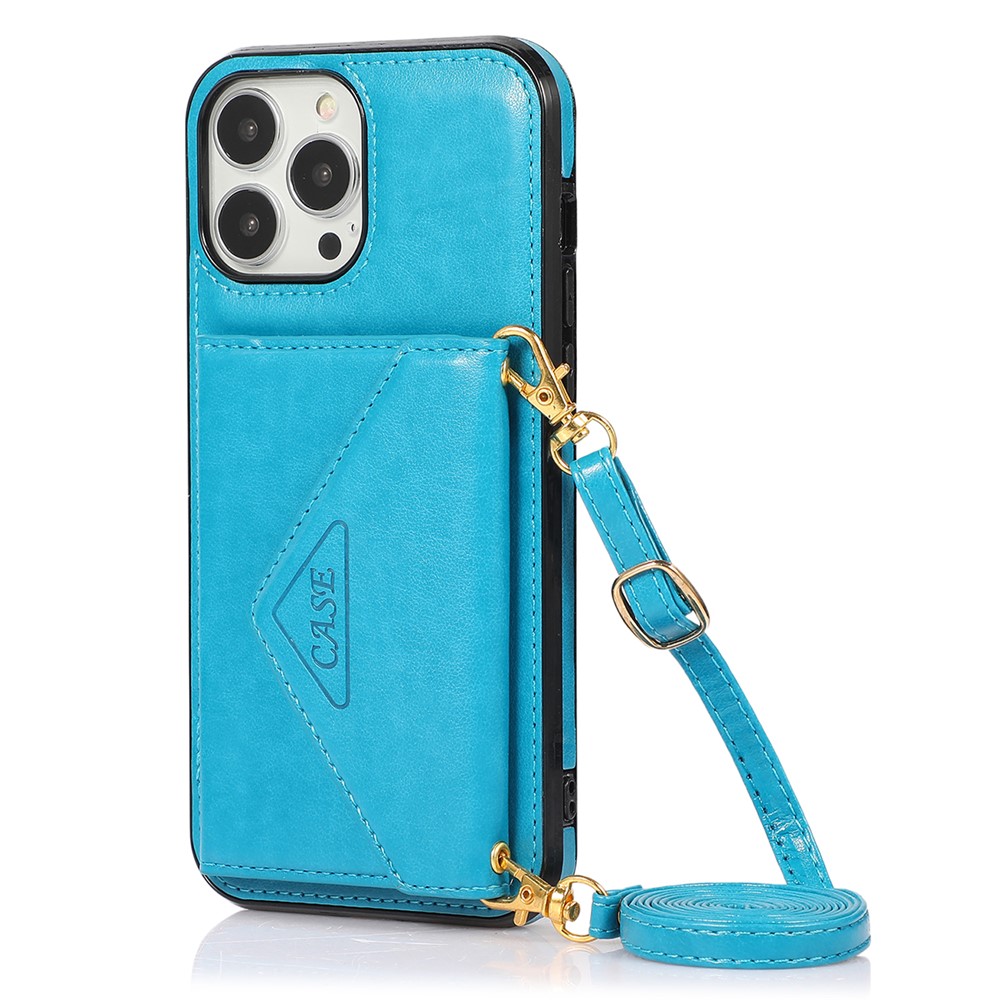 For iPhone 16 Pro Max Cell Phone Case Triangle Lid Card Bag Leather + TPU Cover with Long Strap - Blue