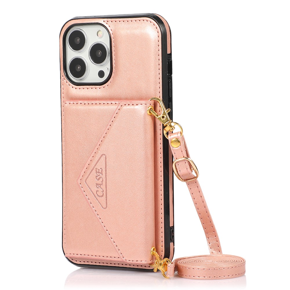 For iPhone 16 Pro Max Cell Phone Case Triangle Lid Card Bag Leather + TPU Cover with Long Strap - Rose Gold