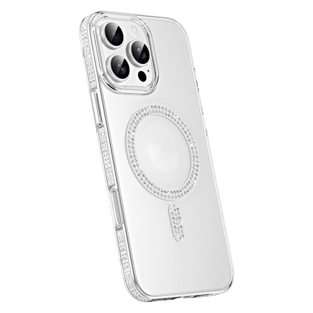 For iPhone 16 Pro Max Magnetic Case TPU + Acrylic Phone Back Cover Rhinestone Decor - Silver